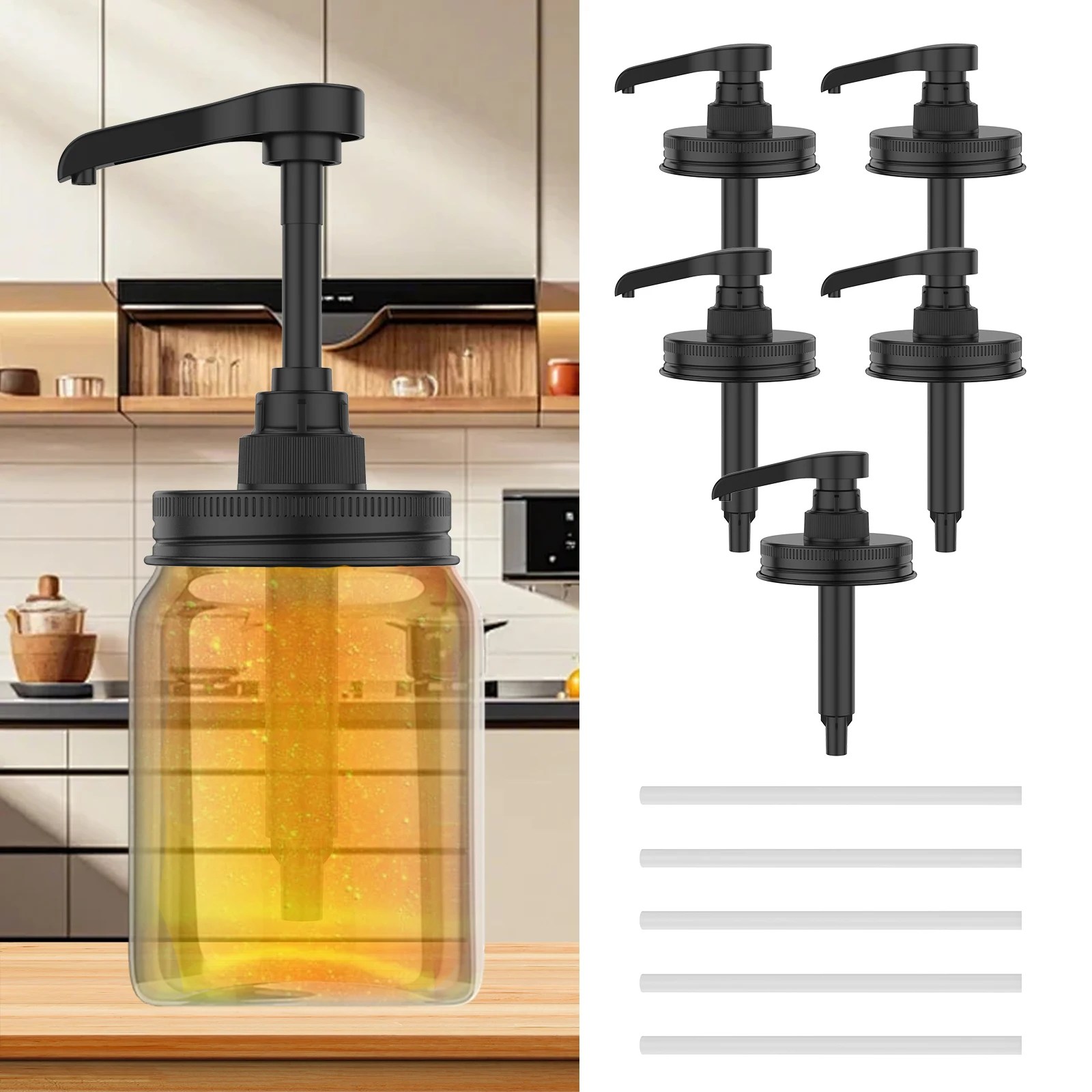 

5Pcs Glass Jar Syrup Dispenser Pump Lids Stainless Steel Honey Sauce Shower Gel Dispenser Pump Lids for 16oz Regular Mouth