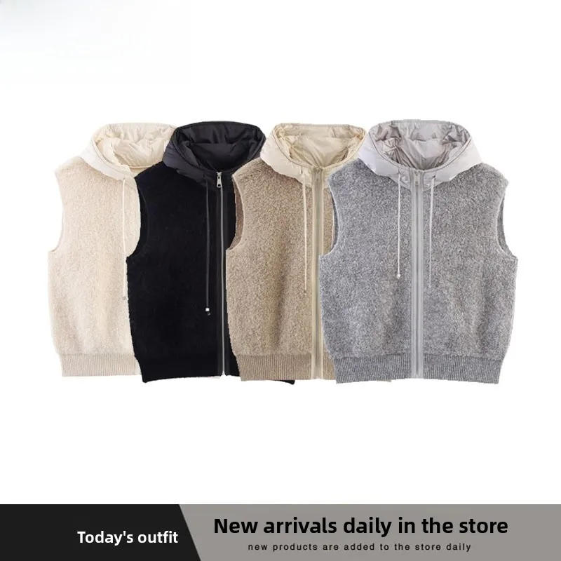 新しい秋冬の女性のストリート Sle ZR ウィンドタオルニードルクリップ綿フード付きジッパーオープンカーディガンベスト暖かいカジュアルトップ