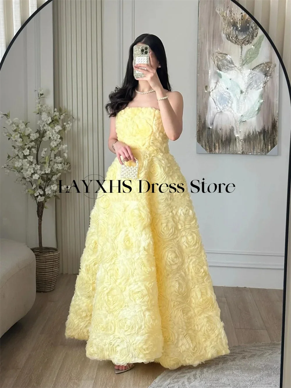 LAYXHS-vestidos de noche sin tirantes de lujo, vestidos de fiesta de flores con cordones, color amarillo, personalizados, пла Heiе Ramonч ». Khuе