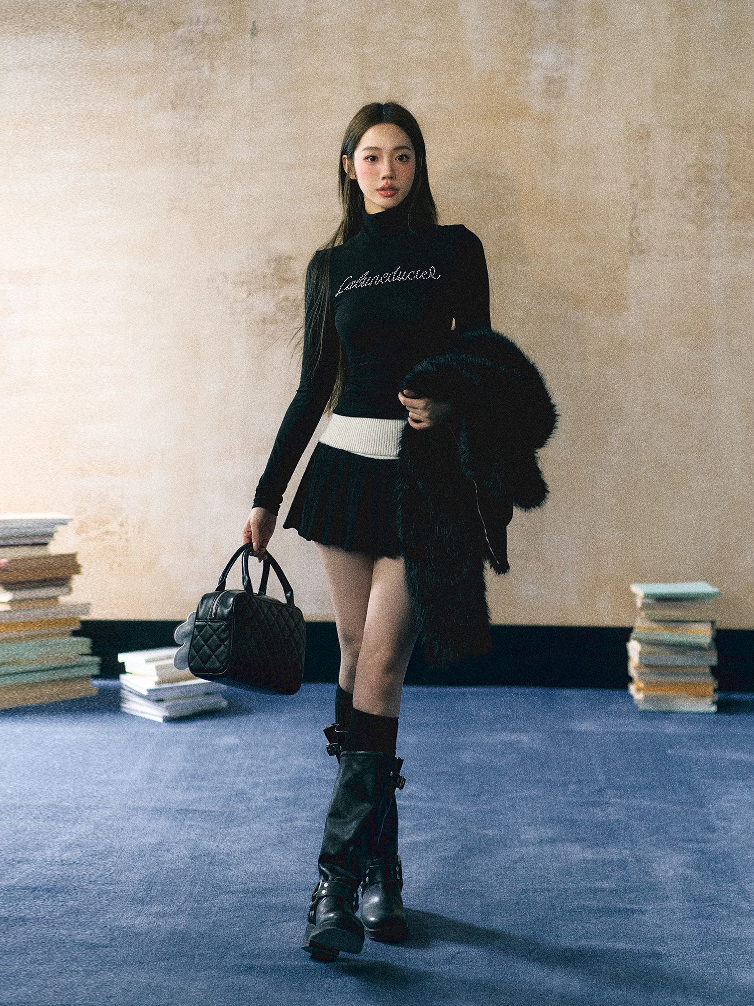 

LaluneDuCiel Original Design Slim Fit Pearl High Collar Base irt French Sle Printed T-irt Young Faion Regular Sve