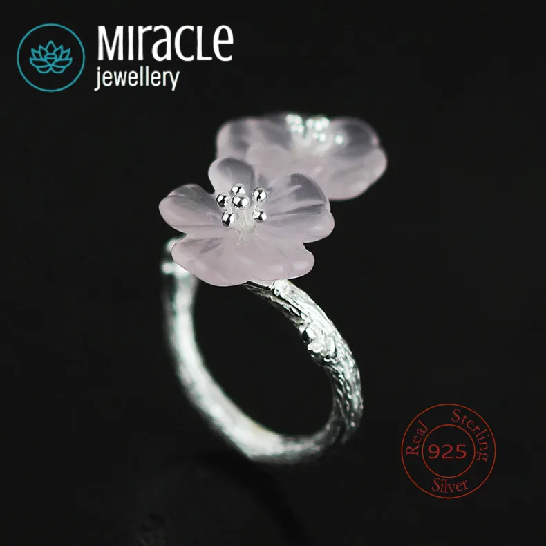 Miracle Sterling Silver 925 Original Design Cherry Blossom Season Handmade Beautiful Fresh Crystal Flower Women's Open Ring