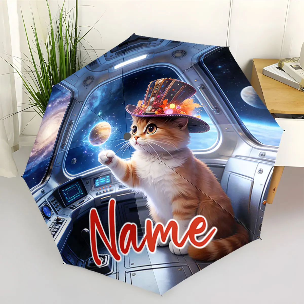 Custom Name  Space Cat Design Umbrella for Cosmic Exploration Print 8 Iron Ribs Folding Umbrella Auto-Open Fashion Sunshade