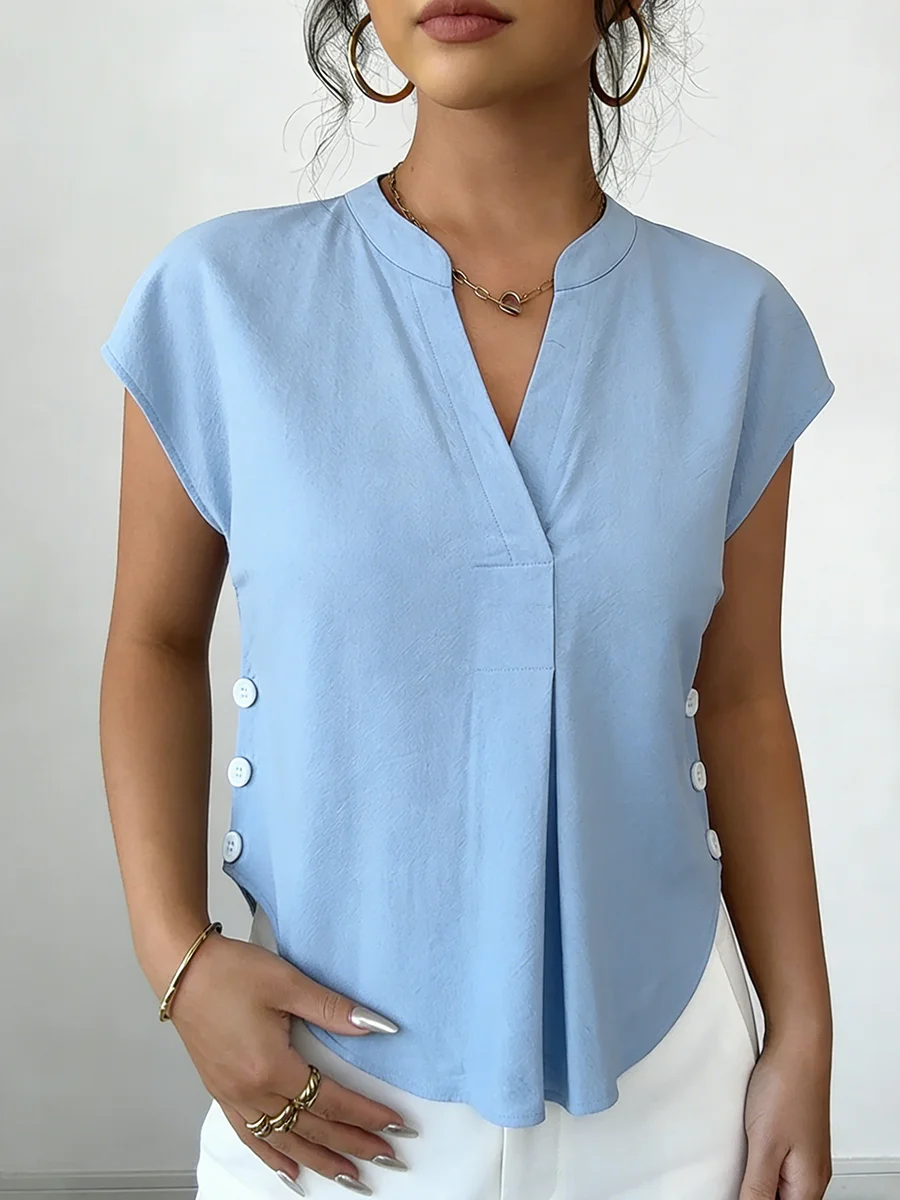 

Женская блузка с вырезом и пуговицами по бокам, свободного кроя, повседневная, легкая, весна-лето 2026, шикарная, на каждый день