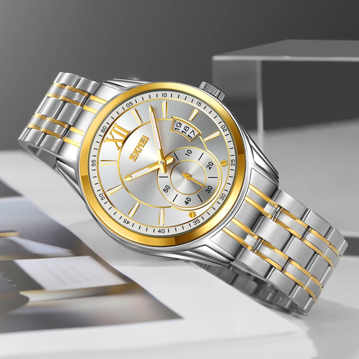 SKMEI موضة الرجال كامل الصلب القمر المرحلة ساعات كوارتز رجالي ذكر تاريخ غير رسمي مقاوم للماء مضيئة الأيدي ساعة اليد للرجال #3