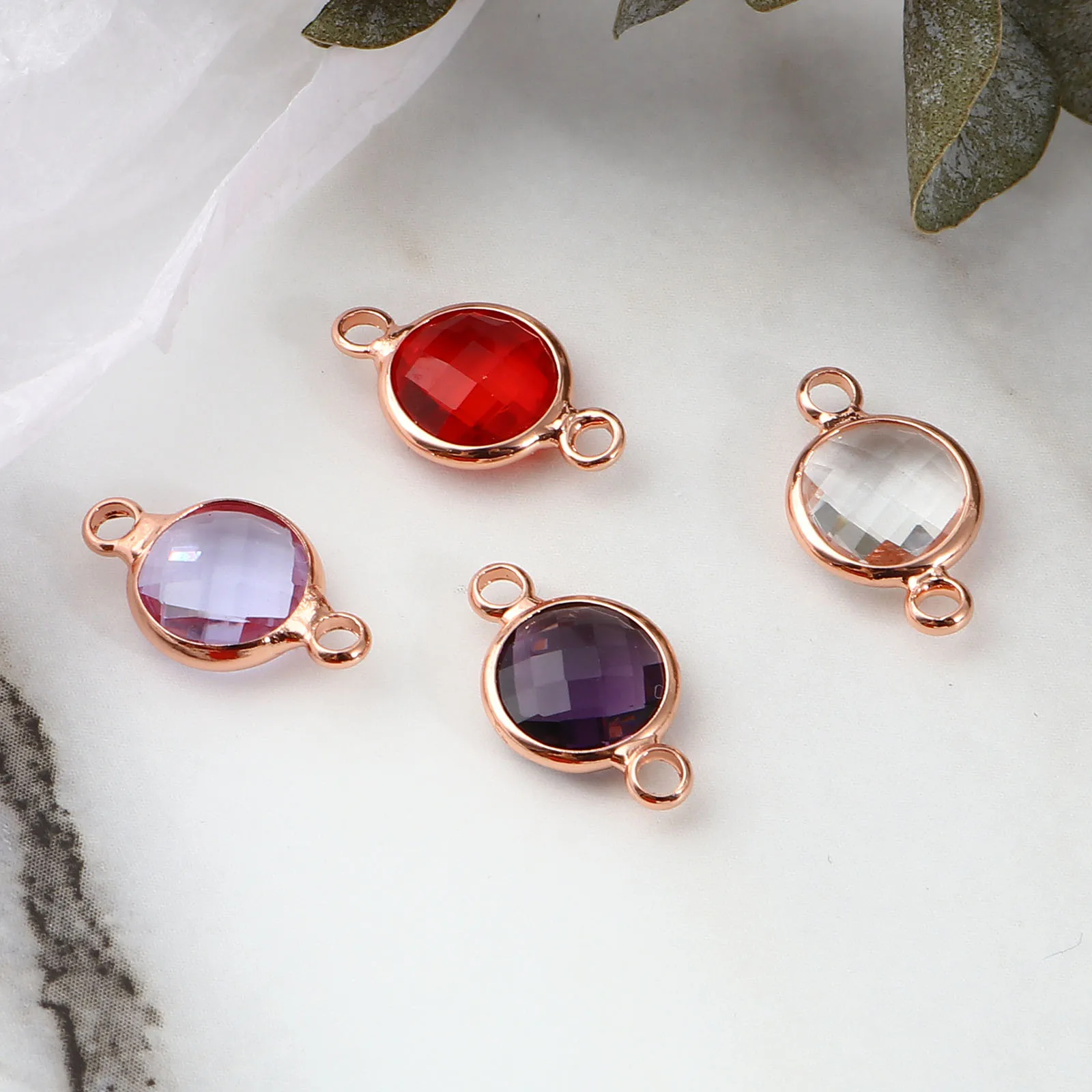 5PCs Copper Glass Birthstone Connectors Rose Gold Color Round Faceted Charms DIY Making Necklace Bracelets Jewelry Findings