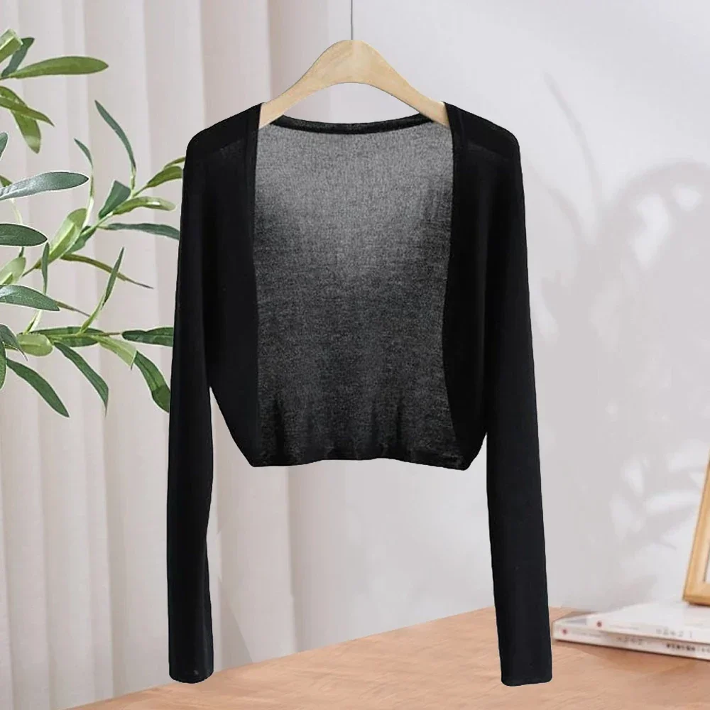 Summer Sunscreen Cardigan For Women Thin Knitted Knitwears Perspective Long Sleeve Tops Casual Black White Khaki Blue Short Coat