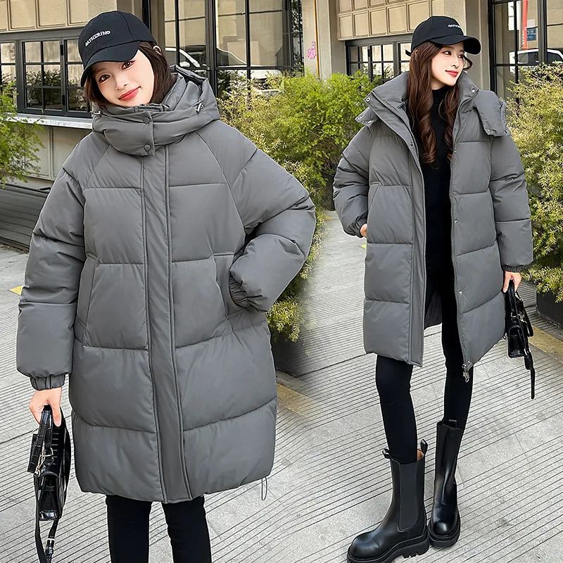 Thick Parkas Women Zipper Loose Casual Midi Length Coat Solid Jacket Pocket Elegant Warm Jackets Office Lady Autumn Winter