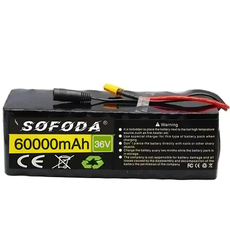 36V Battery 10S4P 60Ah Battery Pack 500W High Power Battery 42V 60000mAh Ebike Electric Bicycle xt60 BMS with Capacity Indicator