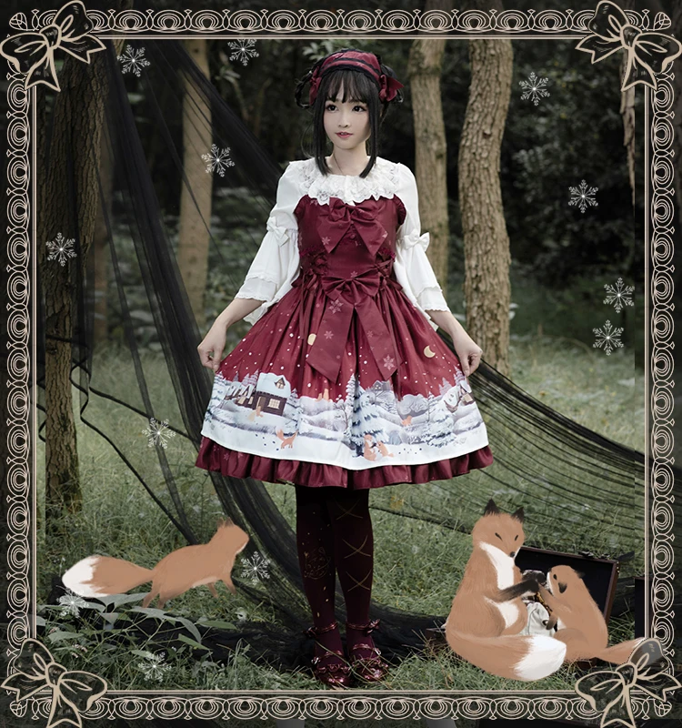 

Lovely Palace Sweet Falbala High Waist Printing Victorian Dress Princess Lolita Strap Elegant Dress Kawaii Girl Cos Loli