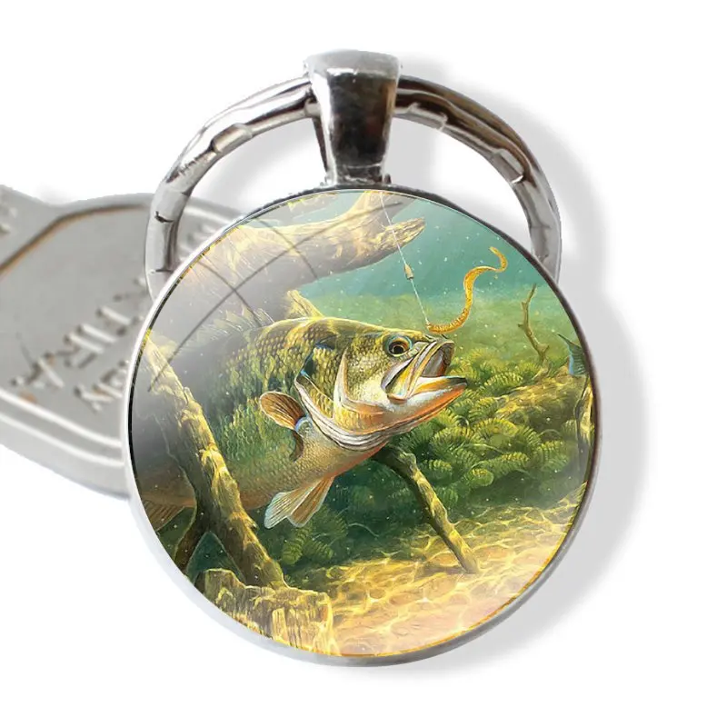 25mm Glass Cabohcon Keychain Key Rings for Women Men Jewelry Gift Bass Fishing Lake Sunset Fisherman