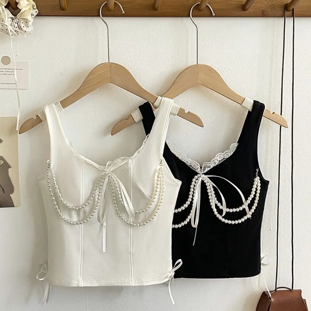 

Simple Ruffled Edge Skinny Vest Women Square Neck Spicy Girl Style Slim Lace Crop Top Bowknot Pearl Chain Women Camisole Beach