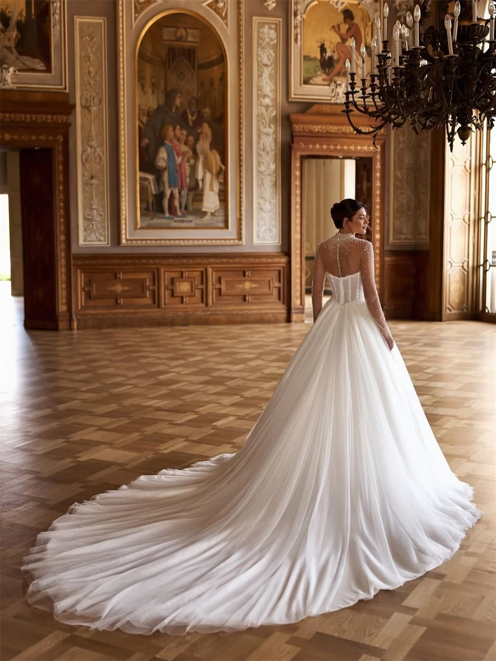 

Customized Elegant White Organza Wedding Dress Formal O-Neck Long Sleeves Bridal Gowns Boho A-Line Court Train Vestido De Novia