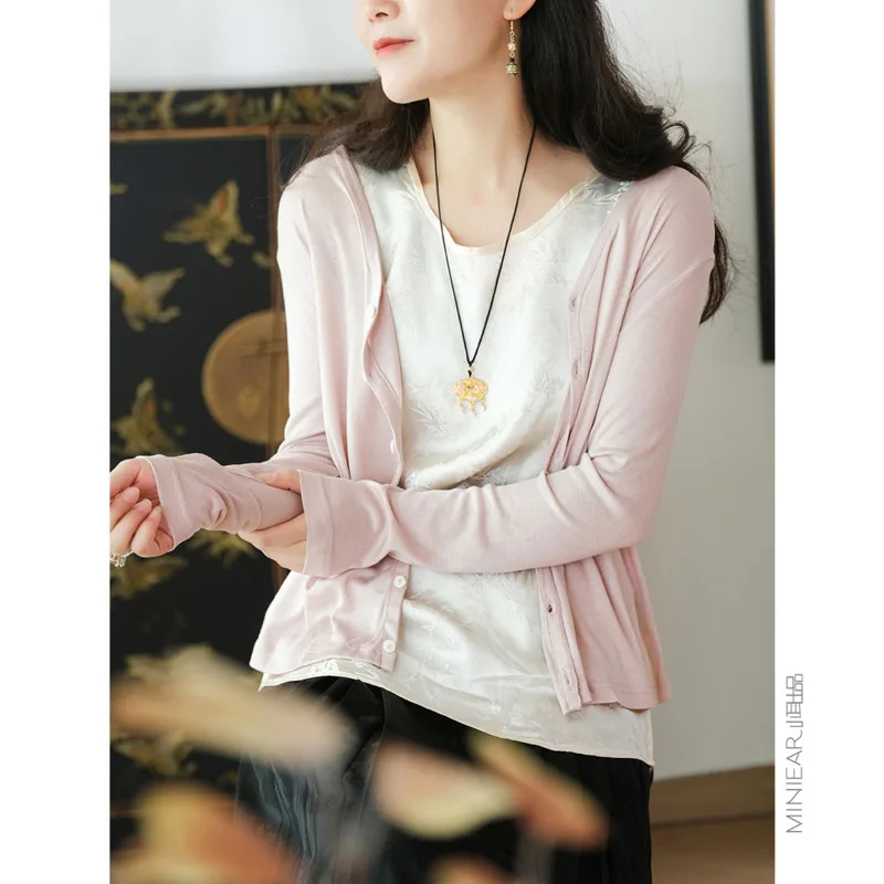 

Spring Summer Thin Sunscreen Cardigan Women V-neck Lyocell Acetic Korean Tops