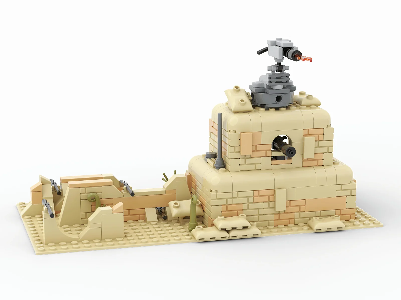 Desert Bunker WWII Battlefield Scene Building Blocks Kit Cannon Tower Military Model Assembly Bricks Toys For Children