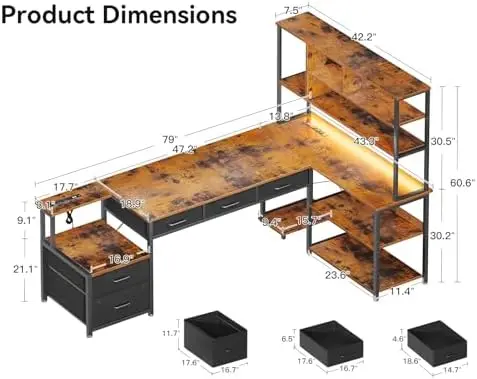 79 inch L Shaped Desk with 5 Drawers, LED Light & 2 Power Outlets | Reversible Vintage L Shaped Gaming Desk, Computer
