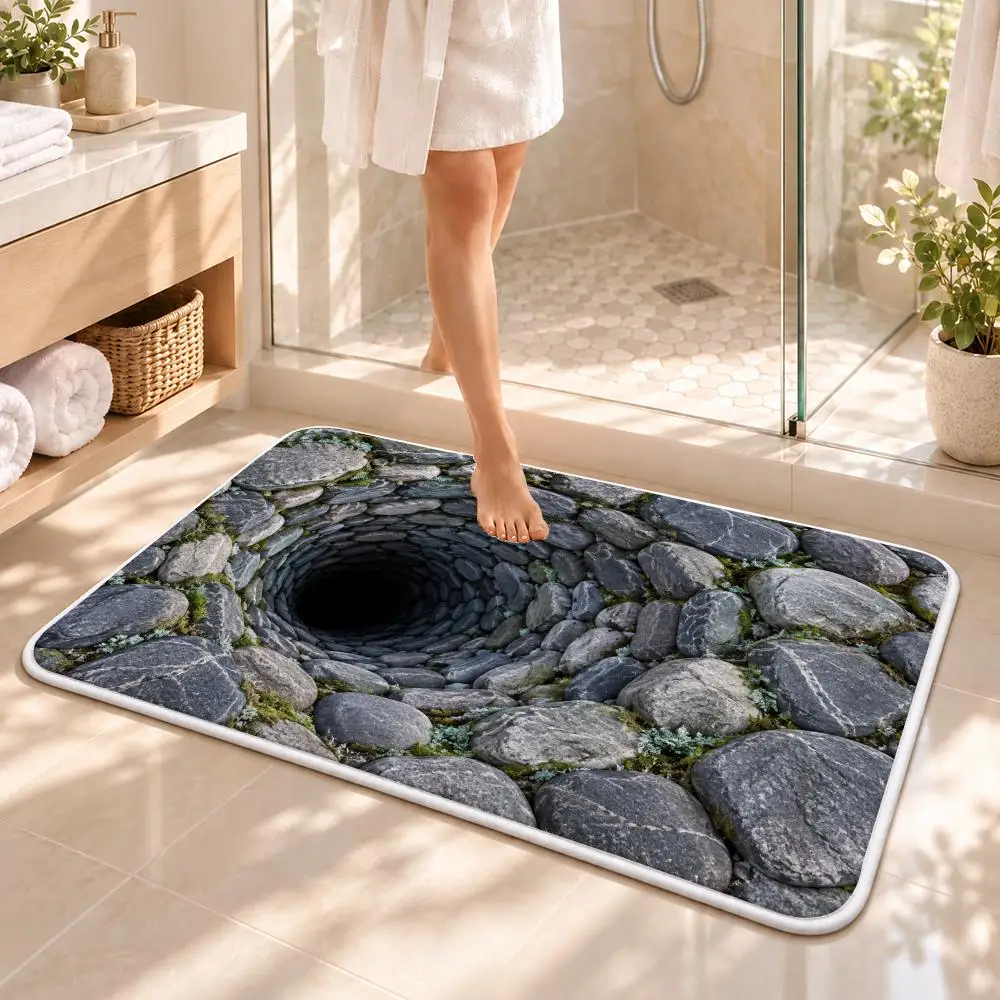 3D Illusion Cave Deep Tunnel Perspective Floor Mat Flannel Rug Soft Non Slip Washable Door Mat for Bathroom Bedroom Home Decor