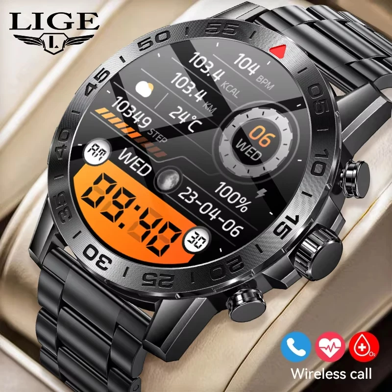 LIGE Men Smart Watch Bluetooth Call Voice Assistant Ultra HD Screen Watch Health Monitor Waterproof Rugged Sport Smartwatch Men