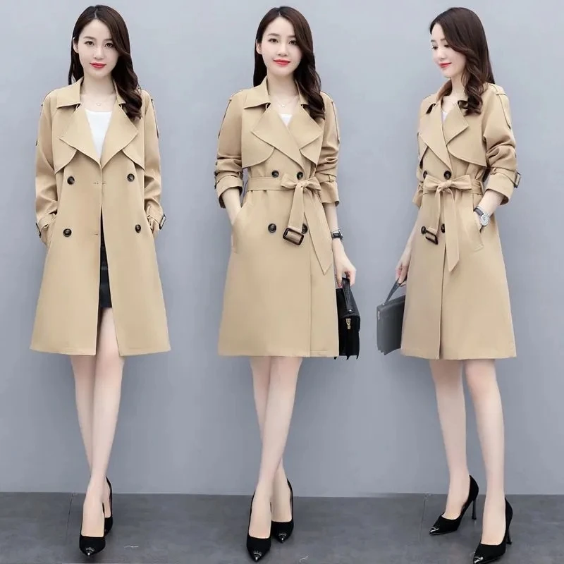 Moda Coreana das mulheres Lace Up Trench Coats, Double Breasted Primavera, Forrado Blusão, Elegante Comprimento Médio, Senhora do Escritório Casacos, 3XL