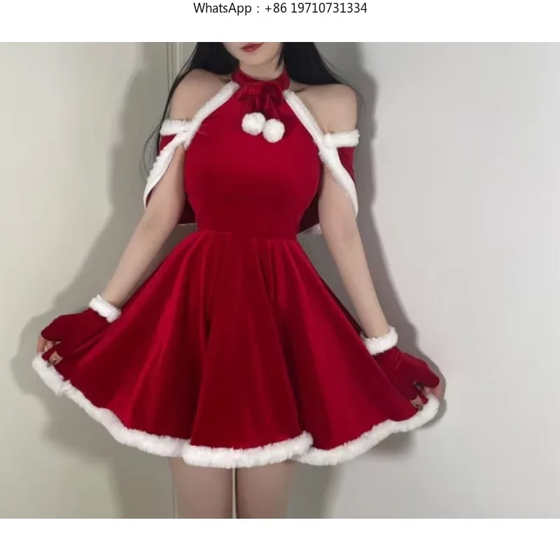 Women Christmas Red Plush 4 Piece Set Mini Dress Kawaii New Year Party Home Wear