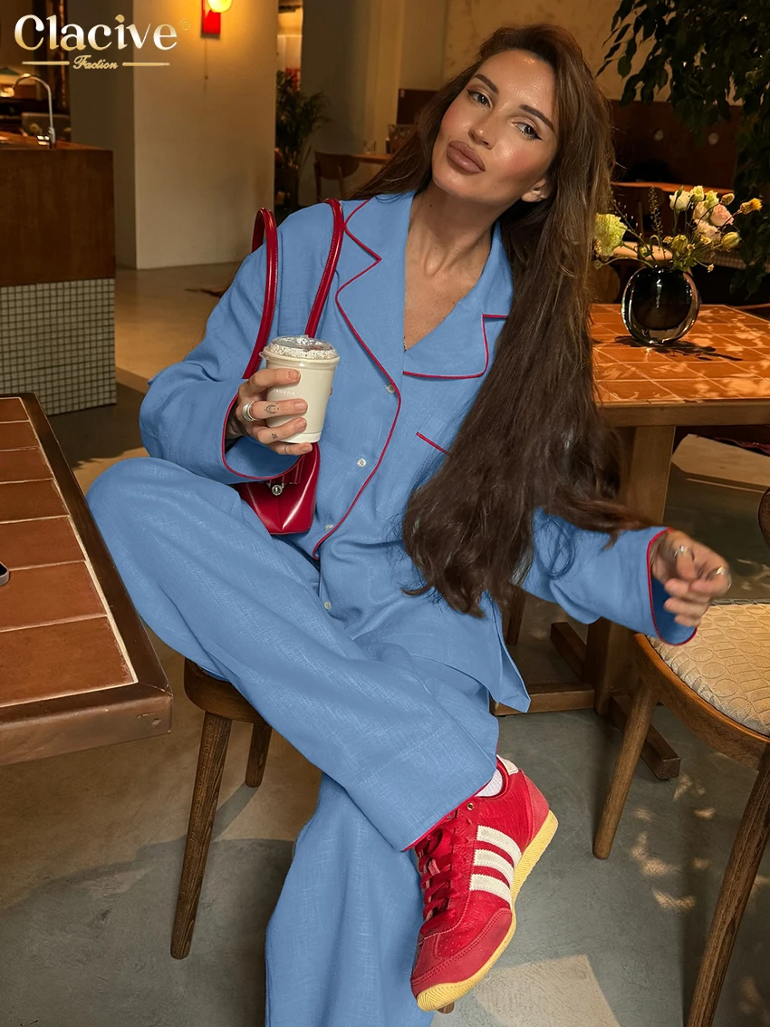Clacive Mode Lose Blaue Baumwolle frauen Zwei Stücke Set 2025, Elegantes Langarm-shirt Mit Hoher Taille Breite Hosen set Weibliche