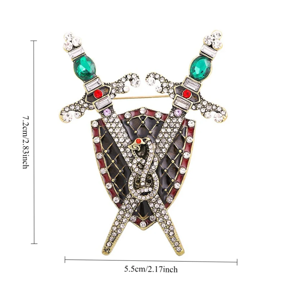 Retro Knight Double Sword Shield Brooch Diamond Inlaid Snake Emblem Personalized Pin Gothic Dark Suit Coat Accessories