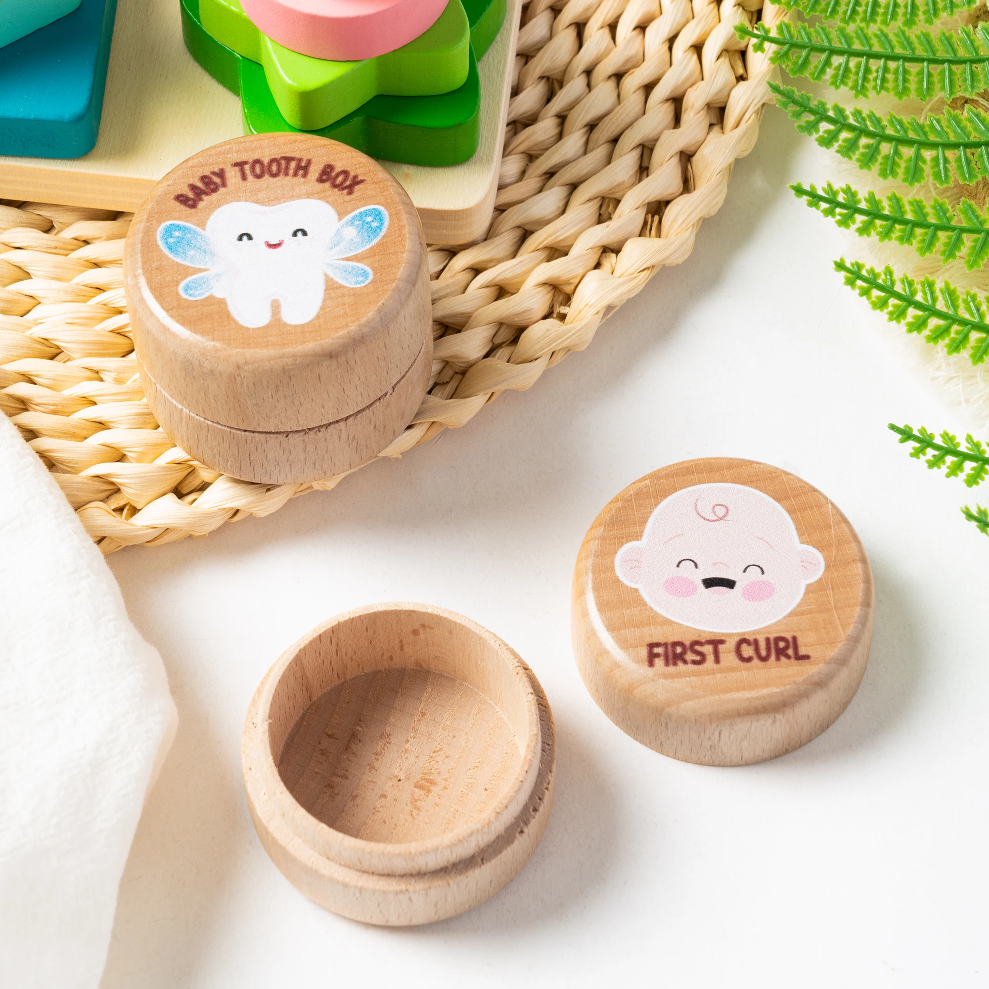 

2PCS Baby Teeth Storage Box Cute Wooden Children'S Growth Collection Record Display Baby Mini Cartoon Round Baby Memory Memorial
