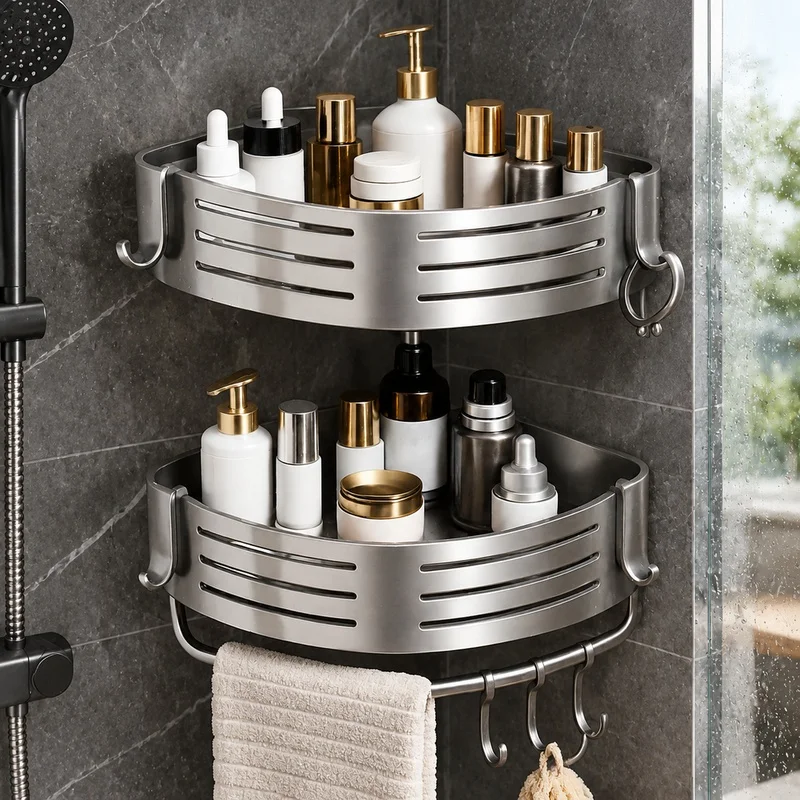 Drill-Free Aluminum Shower Corner Shelf with Towel Bar and Plastic Hooks, 1 to 3-Piece Set for Bathroom Organization