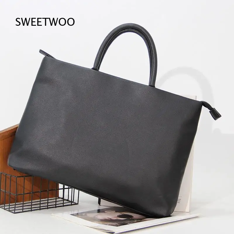 Slim Laptop Handbag for Men Black Faux Leather Minimalist Briefcase Office Work Document Bag