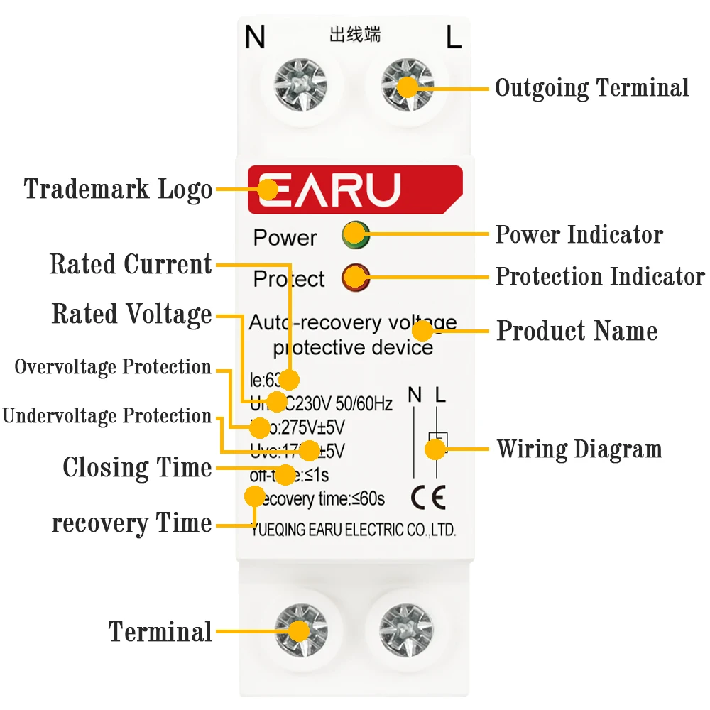1P+N 27mm 40A 63A 230V Din Rail Automatic Recovery Reconnect Over Voltage and Under Voltage Protective Device Protection Relay