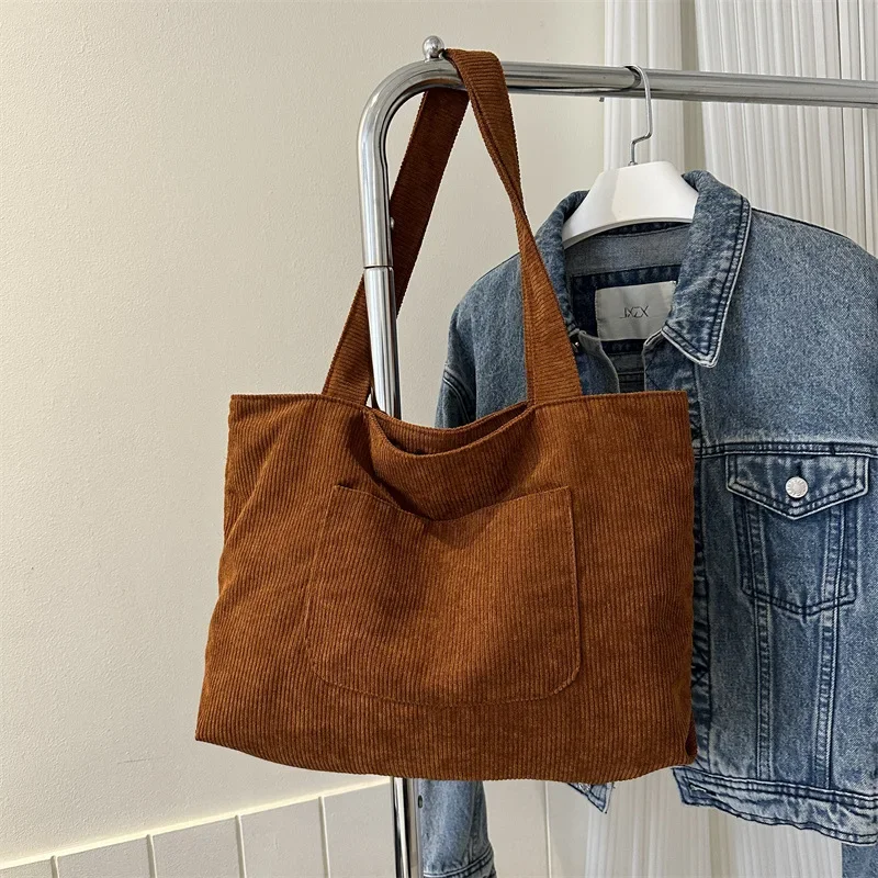 

Simple Corduroy Shoulder Bags for Women Large Capacity Ladies Travel Handbags Commute Lightweight Female Tote Shopping Bag