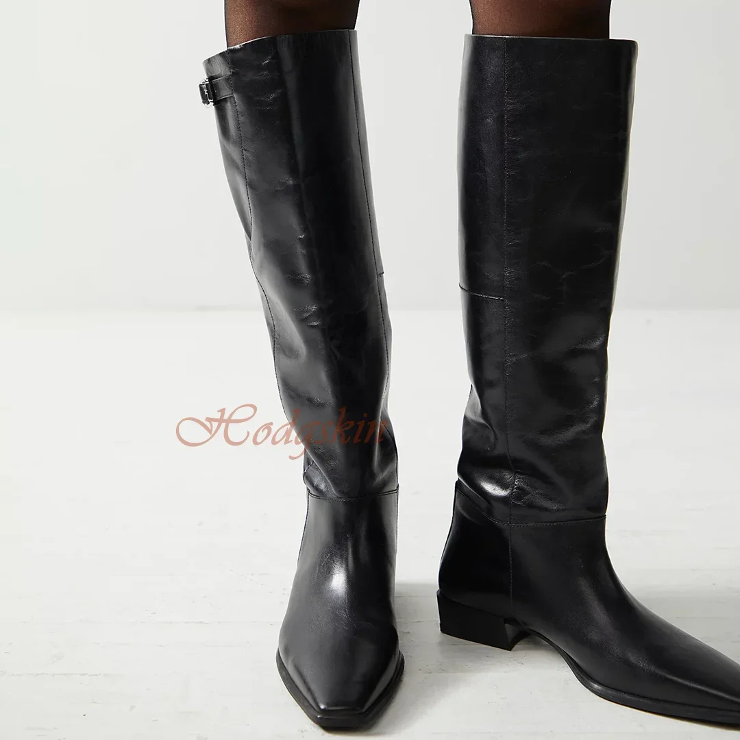 Genuine Leather Knee High Boots Pointy Toe Chunk Low Heels Buckles Straps Solid Boots Women Casual Shoes Winter Autumn Simple