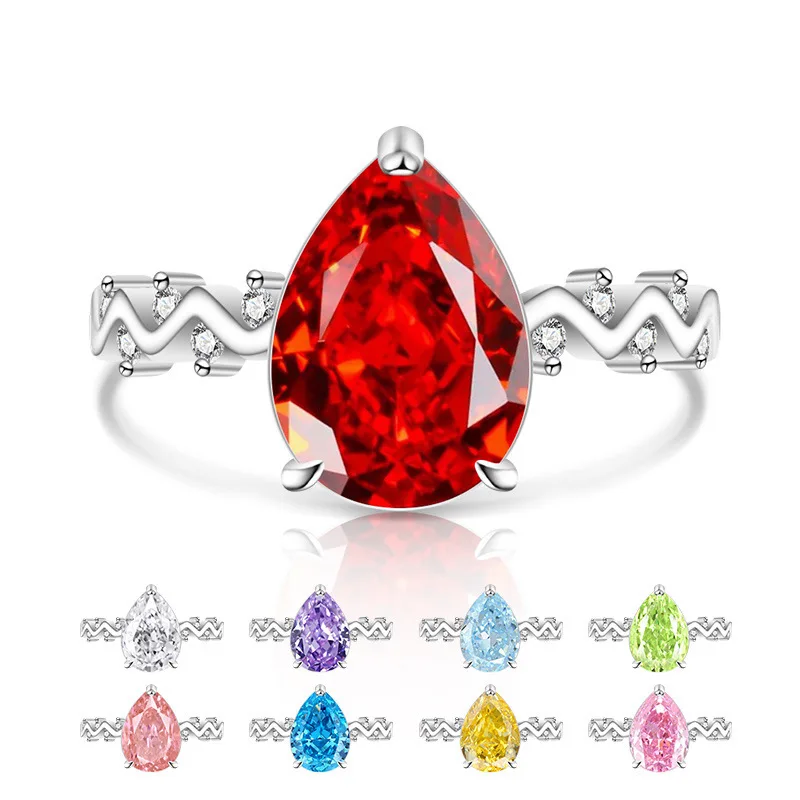 

925 Sterling Silver Water Drop Pear-shaped Dream Romantic Ice Flower Cut Shining Zircon Lady Elegant Ring