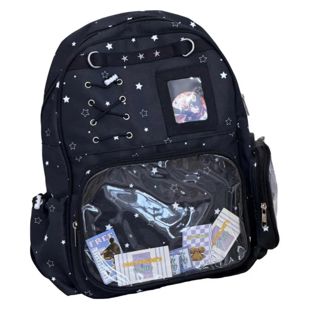 かわいい透明な星柄プリントバックパック-ロリータ-イタバッグ-学生用スクールバッグ-多ポケット-y2k-透明イタバッグ-カレッジ