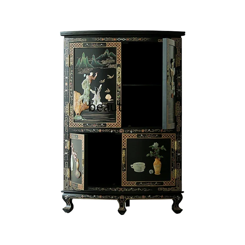 Lacquer Flower Home New Chinese Style Bone Stone Inlaid Corner Cabinet Character Side Cabinet Retro Storage Locker