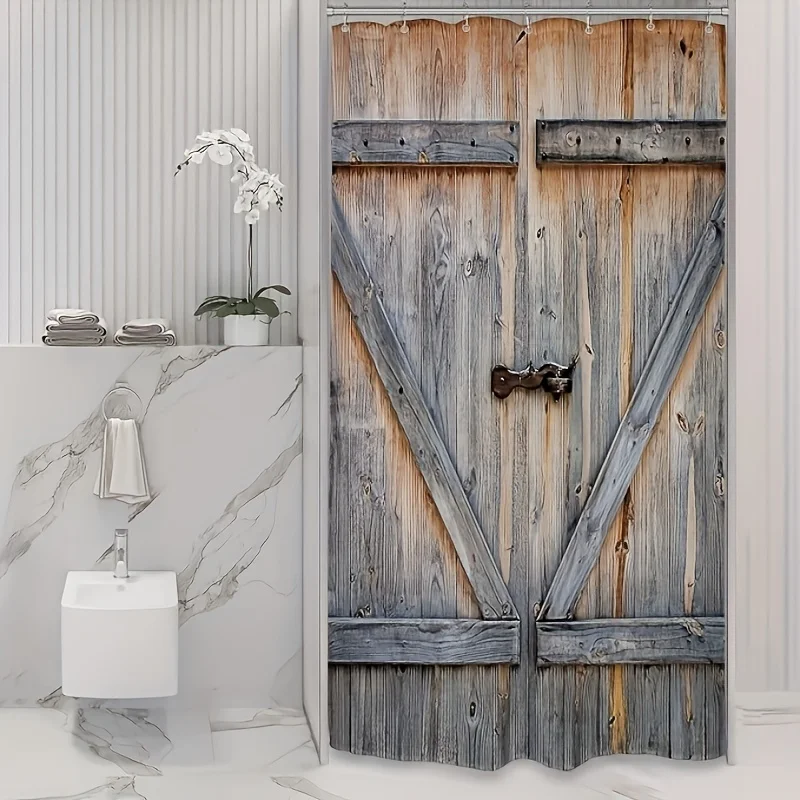 Rustic Barn By Shower Curtain - Waterproof Polyester with Wood Plank Design, Include Hooks, Machine Washable - Perfect for Ba