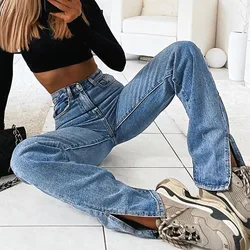 Women Casual High Waist Solid Straight Jeans Side Split Blue Denim Trousers Solid Streetwear Jeans Baggy Pants Pantalons Capris