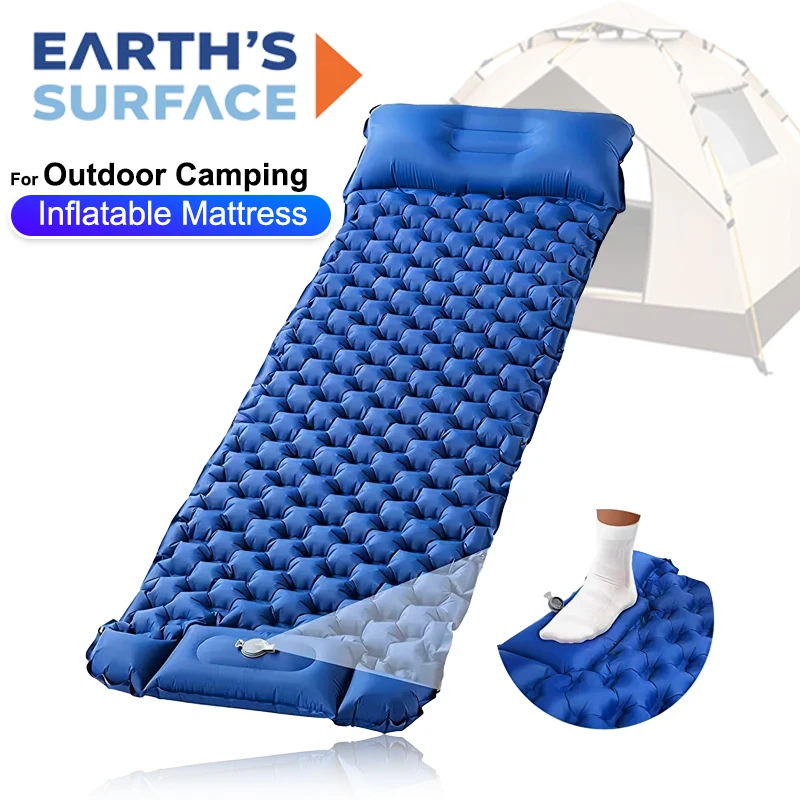 Outdoor Camping Inflatable Mattress Sleeping Pad with Pillow Ultralight Air Mat Built-in Pump Folding Mat Beach Travel Hiking