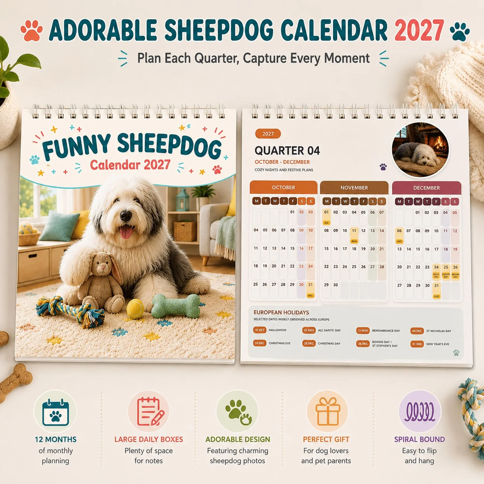 2027 Funny Sheepdog Planner Calendar, Top-Spiral Desk Organizer with Monthly Calendar, Weekly Schedule and Notes