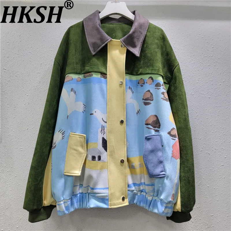 

HKSH Spring Autumn New Women Jacket Turn-down Collar Faux Suede Patchwork Printed Contrast Color Streetwear Fashion Coat HK12544