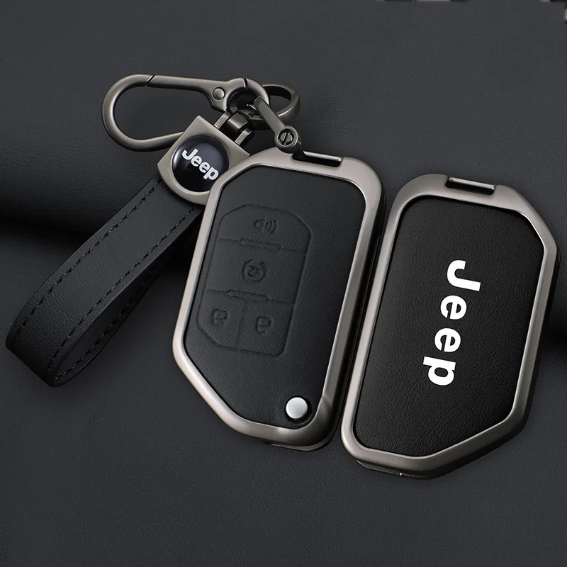 Zinc Alloy Leather 2 3 4 Button Flip Remote Car Key Cover Case Protection for Jeep Wrangler JL Rubicon Gladiator JT Sahara JLU