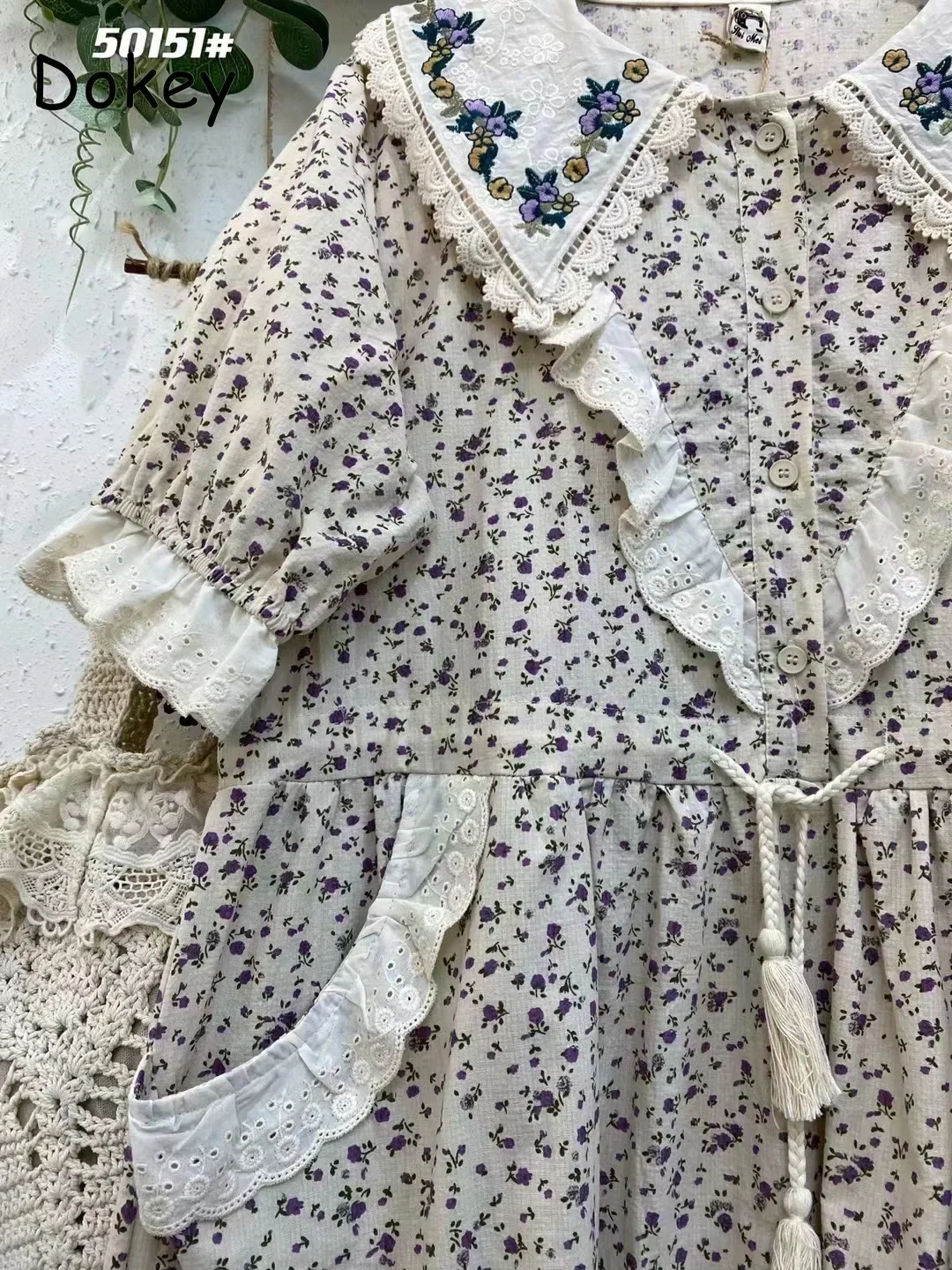 Vintage Embroidery Mori Girl Art Print Dress Women Japan Peter Pan Collar Lace-up Loose Floral Dress Casual Cotton Linen Vestido