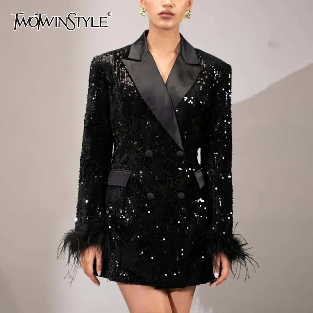 TWOTWINSTYLE Solid Patchwork Sequins Blazer For Women Notched Collar Long Sleeve Spliced Feathers Elegant Blazers Female Fashion