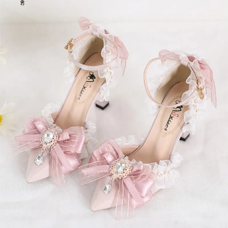 

Wan fall pink flower marriage rite high heels pointed toe hand sandals single shoes