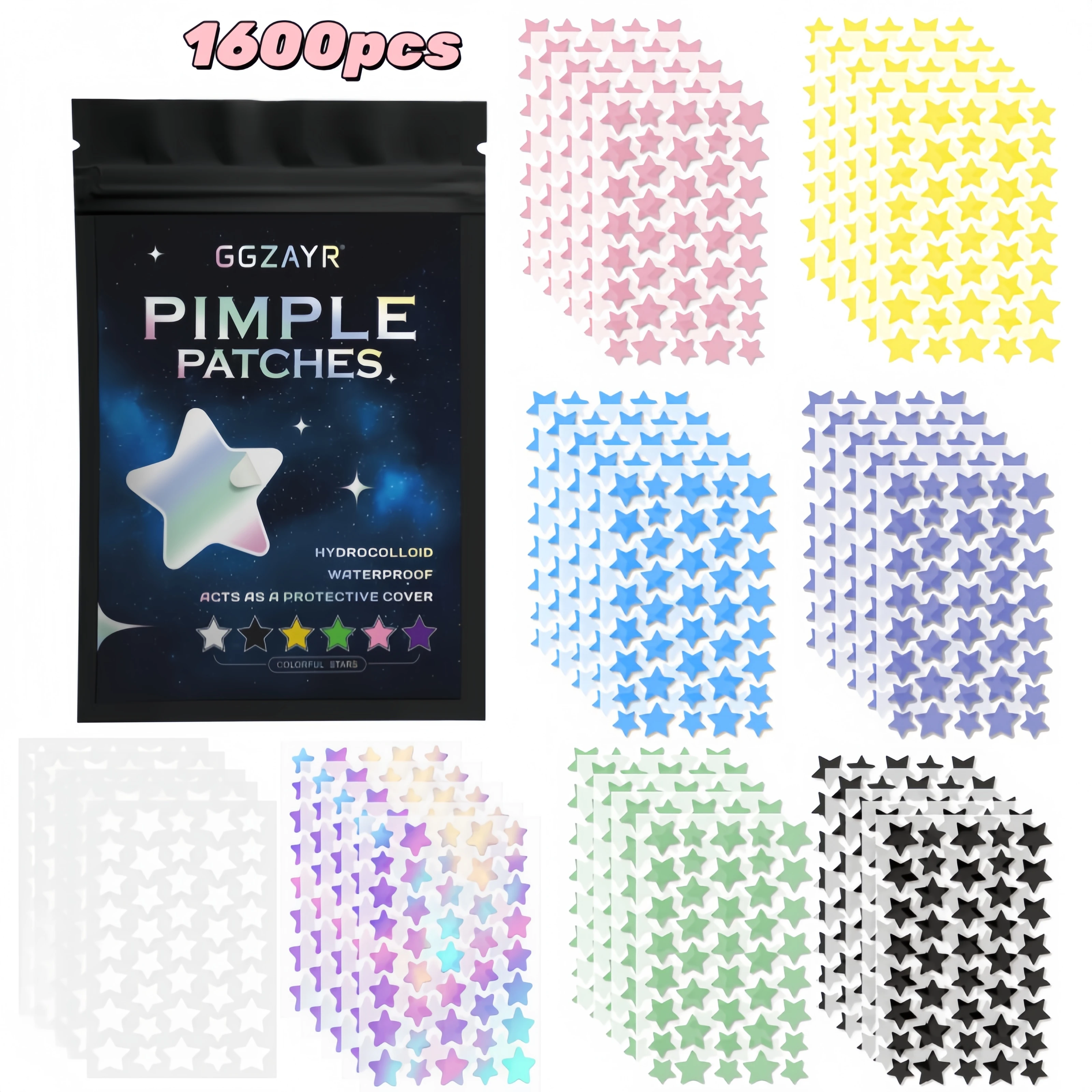 320/1280/1600pcs 8 Color Star Patches, Multi-Size Hydrocolloid Acne Covers for Men Women All Skin Types image 2