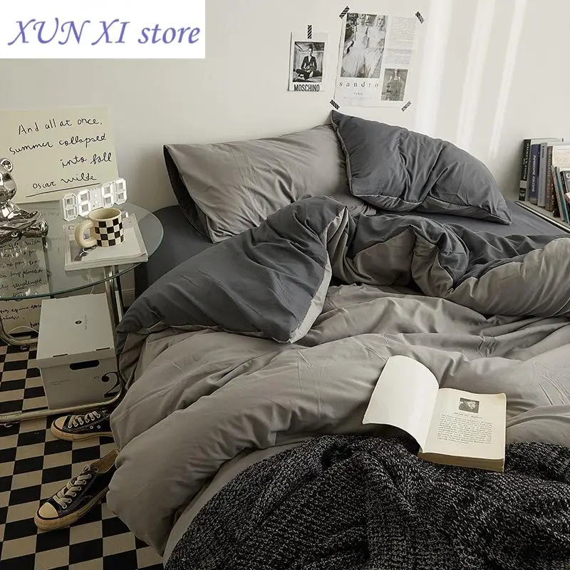 

New High Quality INS Style Solid Color Double Washed Cotton Bedding 4 Pieces Set Student Dormitory Bed Linen Duvet Set Bed Suit