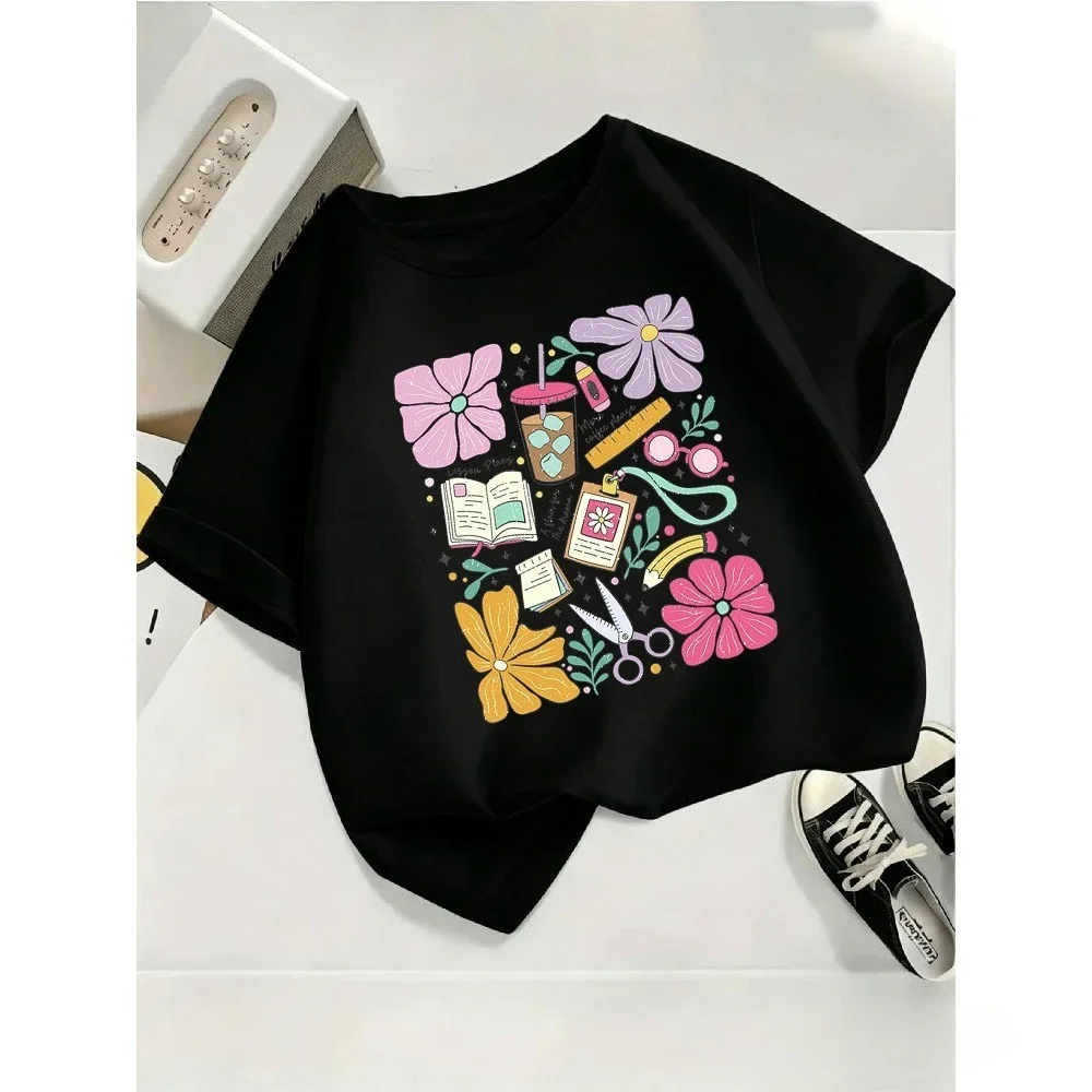 T-shirt pour enfants, ample, confortable, doux pour la peau, simple, polyvalent, imprimé floral, chemise à manches courtes