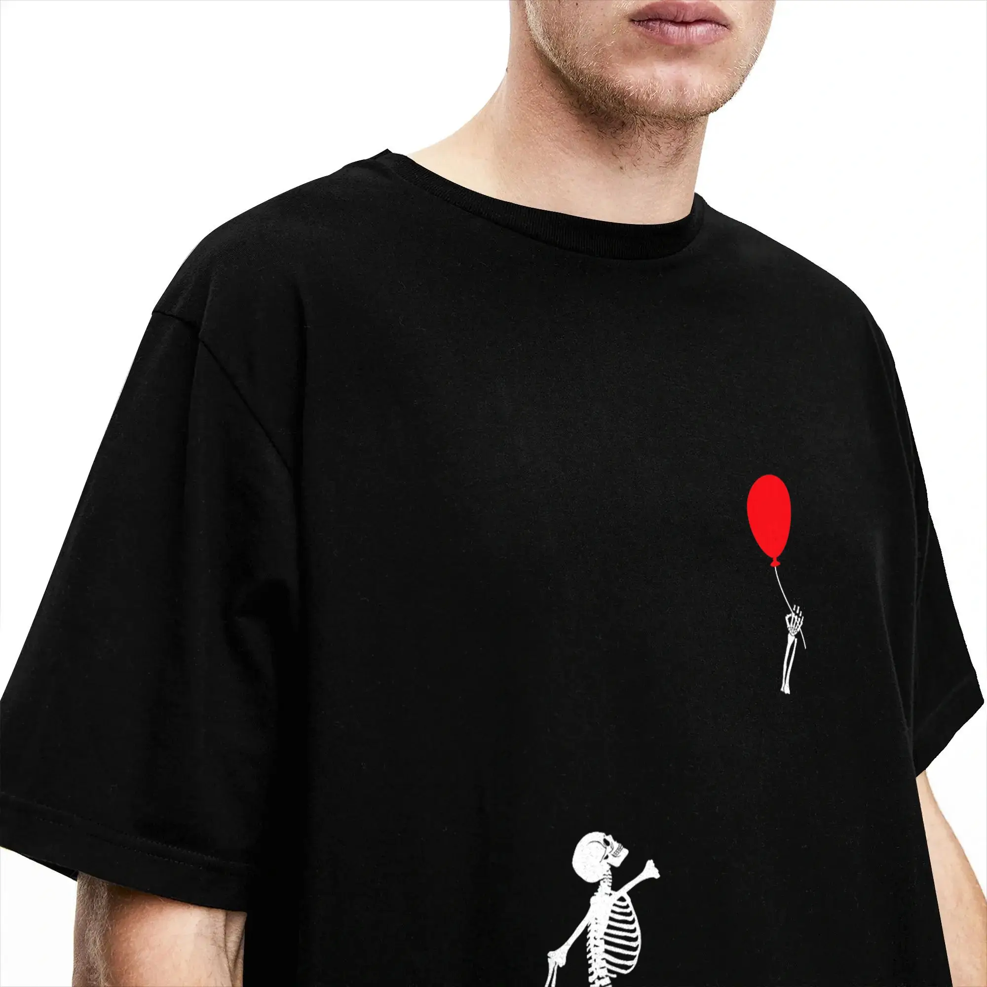 Skelett mit Ballon, lustige künstlerische T-Shirts für Männer, lustiges Baumwoll-T-Shirt, Rundhals-Kurzarm-T-Shirts, bedruckte Kleidung – Detail 3