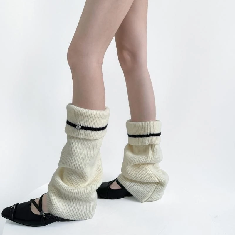 

Корейские полосатые гетры для женщин с поворотными манжетами, вязаные расклешенные носки до середины икры с напуском и бахилы,