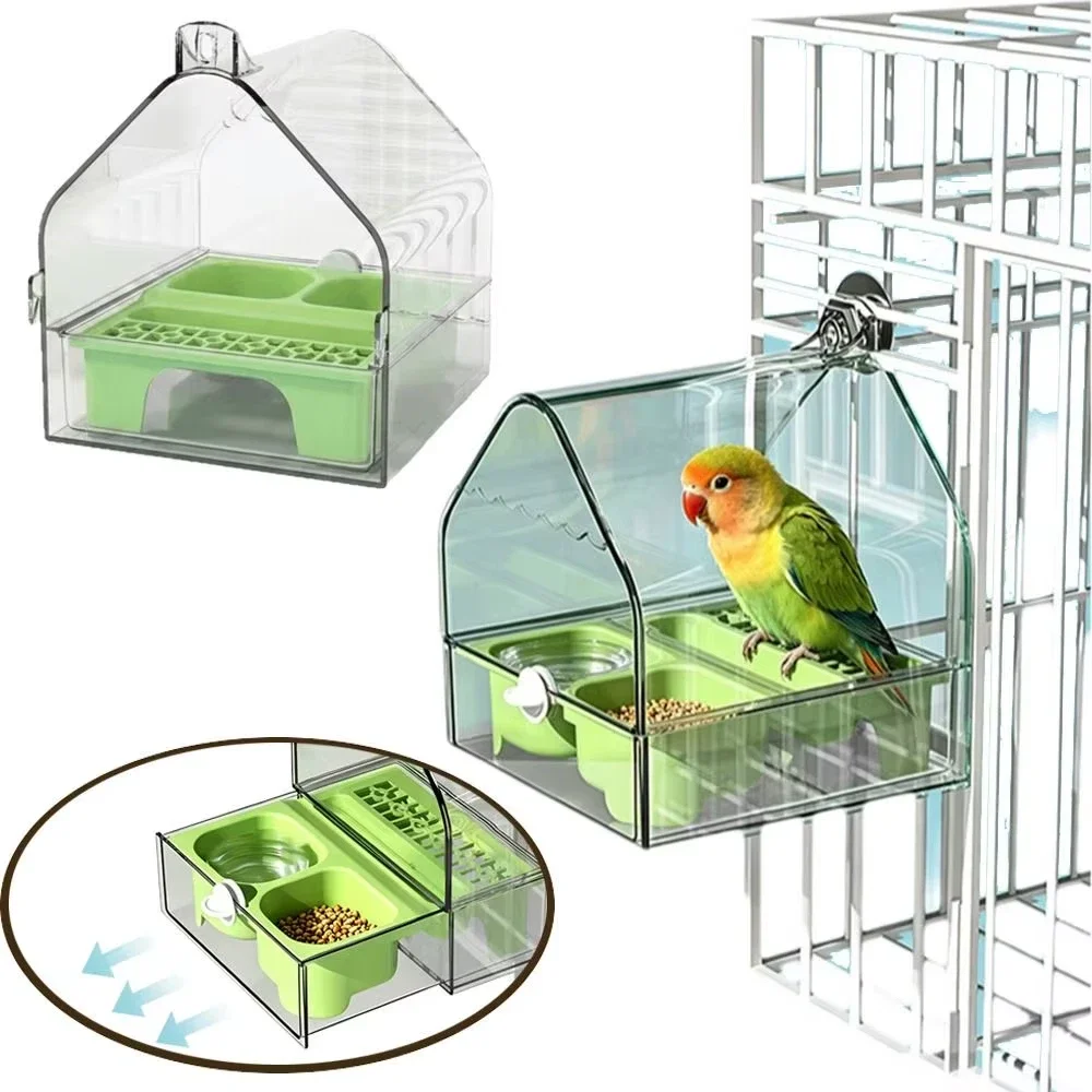 Bird Cage Feeder Box with Removable Tray Transparent No Mess Spill Proof Easy Cleaning Food Container Birds Cage Accessories