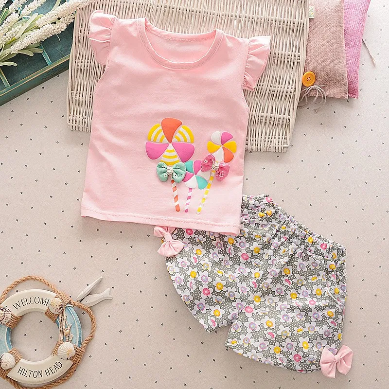 Summer Baby Toddler Girl Sleeveless Windmill Bow-knot T-shirt Tee Flower Shorts Children's Girls Outfits Set For 0-3T